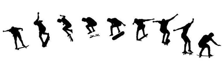 Dynamic silhouette sequence of skateboarder performing mid-air trick. Frame-by-frame image of skate trick. Multicolored vector illustration of silhouette. Fluid motion and athletic skateboarding skill © Mykhailo Shvets