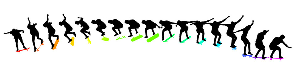 Dynamic silhouette sequence of skateboarder performing mid-air trick. Frame-by-frame image of skate trick. Multicolored vector illustration of silhouette. Fluid motion and athletic skateboarding skill © Mykhailo Shvets
