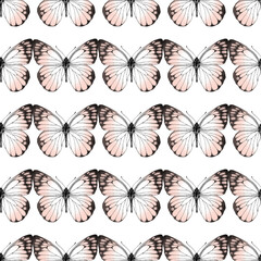 Seamless pattern of realistic pink butterfly. Hand drawn illustration. Animal motif. Painted butterflies elements on white background. For fabric, textile, design, banner, wrapping paper.