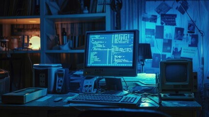 Fototapeta premium room or office. the computer shows an error. dead blue screen for problem