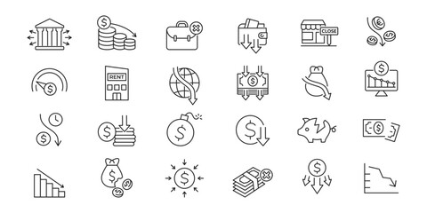 Crisis of economy and bankruptcy icons set. Debt, loss, down, inflation. Vector stock