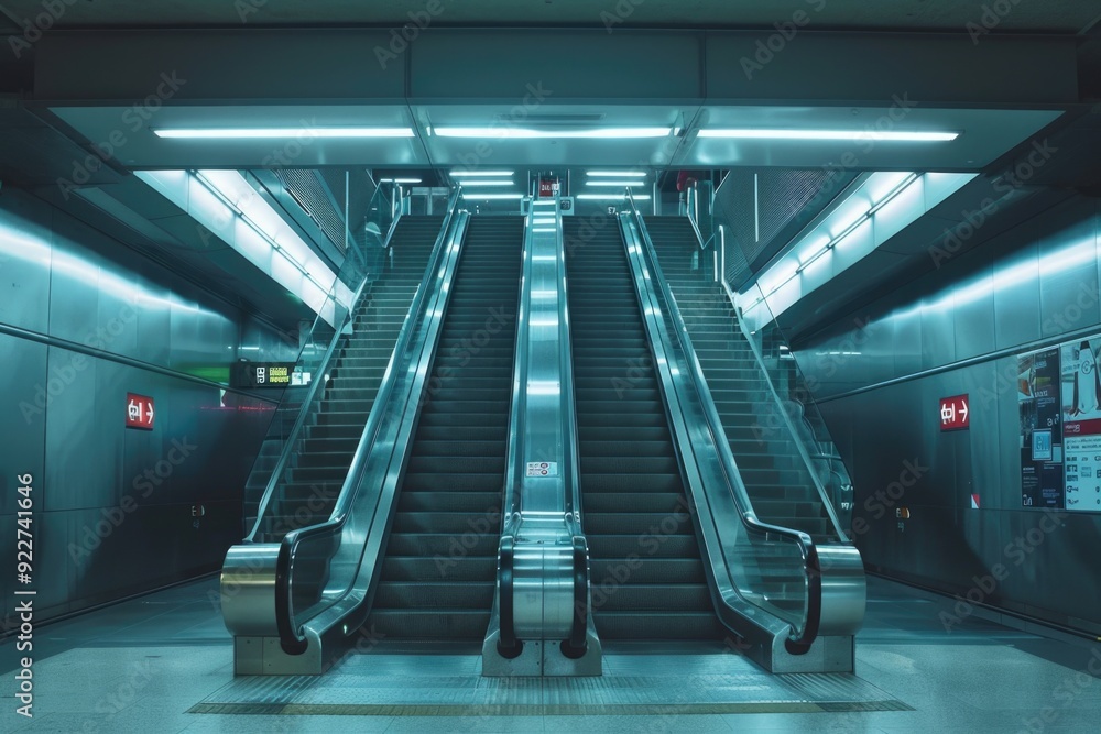 Poster Two escalators moving upwards in a modern building, perfect for use in architecture or interior design projects