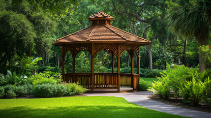 Naklejka premium An elegant wooden gazebo situated in a quiet park, surrounded by dense vegetation and green trees, creates a peaceful and pleasant place surrounded by nature.