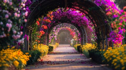 Fototapeta premium Romantic outdoor wedding with colorful floral archway creating captivating atmosphere
