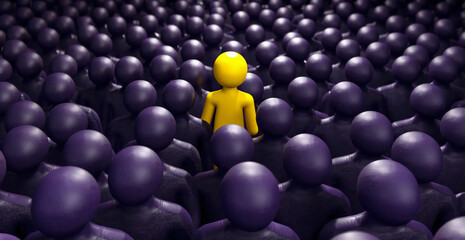 Obraz premium Searching for a unique yellow one in a sea of black characters with a recruitment theme. Concept Unique Yellow Character, Purple Characters, Recruitment Theme, chosen one Stand Out, Visual Contrast 