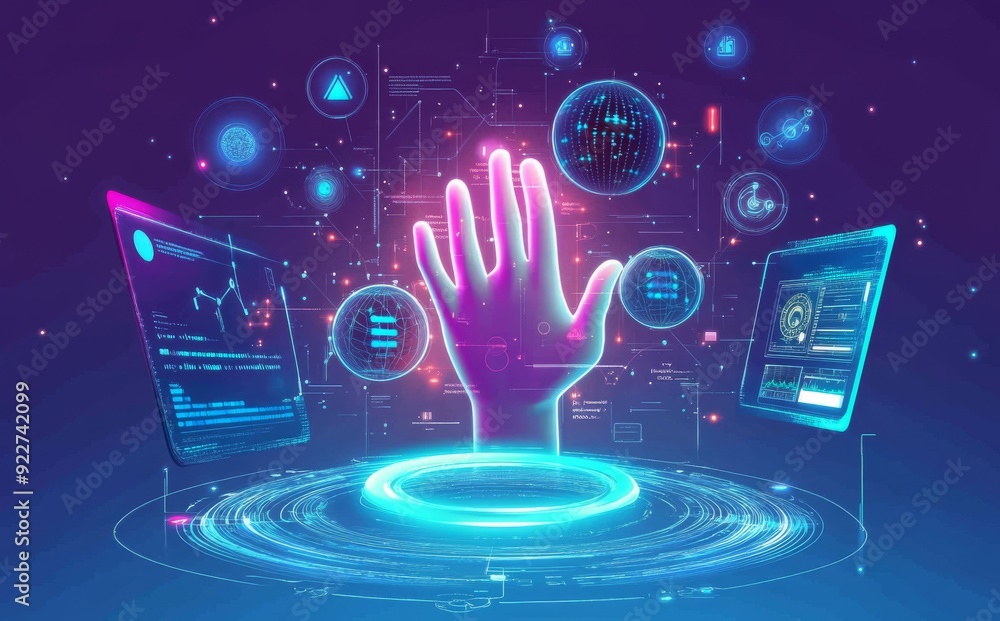 Poster futuristic digital interface with holographic hand and data displays