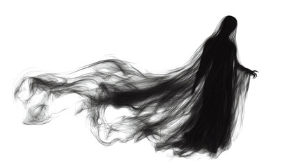 Fototapeta premium Realistic Halloween ghost shadow PNG. Transparent isolated phantom. Flying spooky dead soul. Black smoke transparent horror monster.