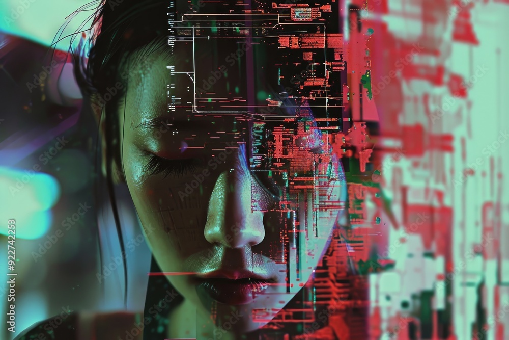 Poster a close-up view of a woman's face with a circuit board visible in the background, providing an inter