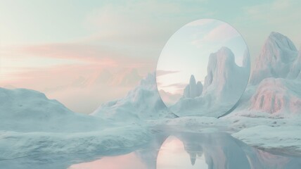 Surreal Beautiful Dream land background. Abstract Dune in winter season landscape with geometric arch.  Escapism minimal atmospheric illustration. Christmas mood 3d render. Glass, mirror, wate and ice