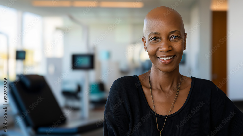 Wall mural Portrait of bald African-American female cancer patient sitting in infusion treatment room, copy space