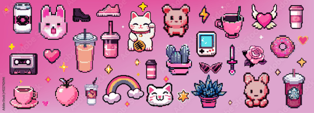 Poster pixel art y2k geek sticker set. 8bit retro game elements like fruits, animals, plants. vector graphi