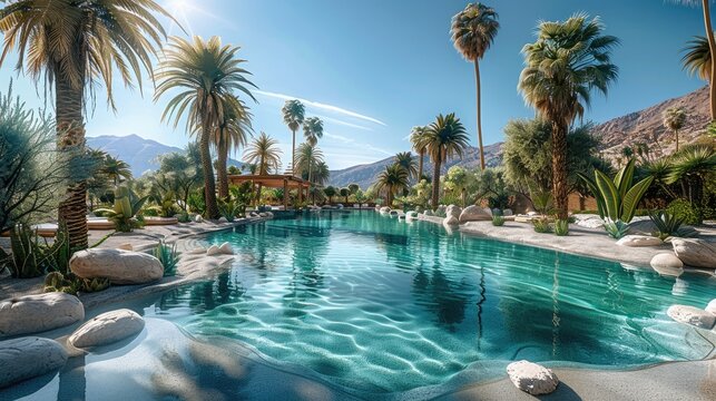 A stunning desert oasis with palm trees, a clear blue sky, and a refreshing pool of water, designed to be striking and serene. Generative AI.