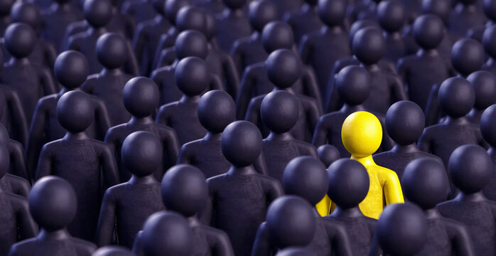 Searching for a unique yellow one in a sea of black characters with a recruitment theme. Concept Unique Yellow Character, Purple Characters, Recruitment Theme, chosen one Stand Out, Visual Contrast 