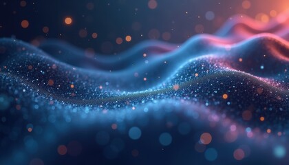 Abstract image of colorful shimmering particles forming wave-like patterns on a dark background.