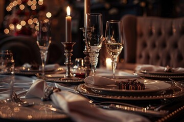 A beautifully set table for a formal dinner party, lit by soft candlelight