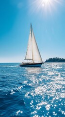 Fototapeta premium Sailing Serenity: A Majestic Sailing Yacht Glides Over Crystal Clear Waters with an Island and Azure Skies in the Background.