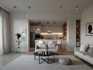 Compact Modern Apartment with White Minimalist Kitchen and Living Area
