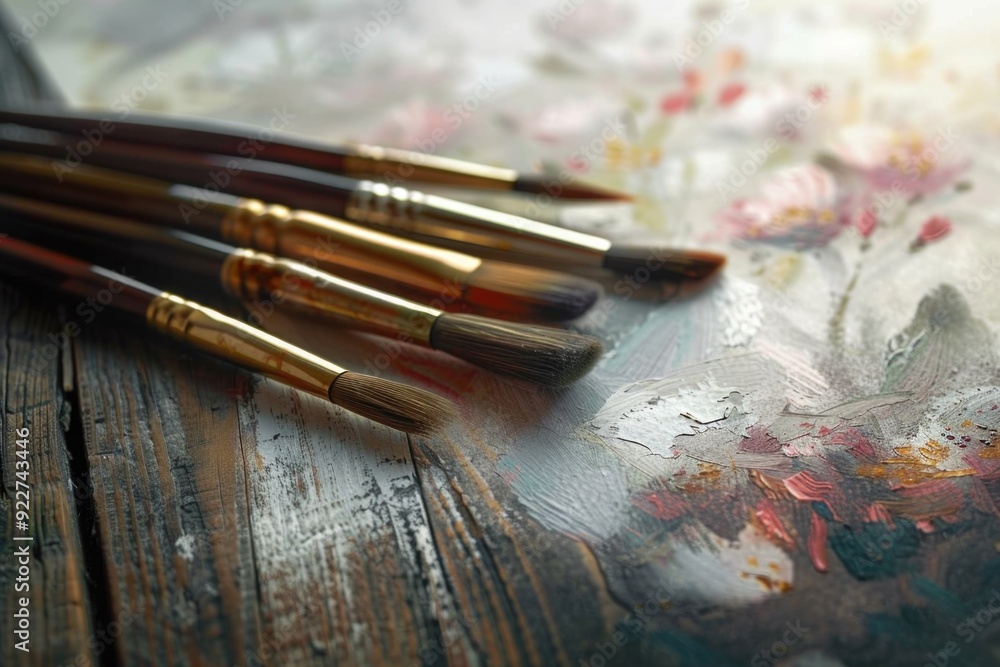 Poster a collection of paint brushes resting on a wooden table, ready for use