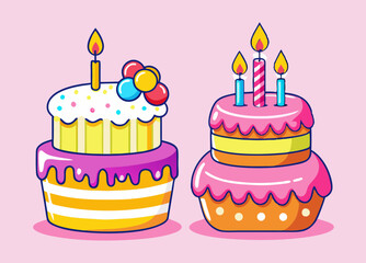 Birthday cupcake and big cake with candles stock illustration 