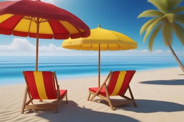 Fototapeta premium Beach chairs with parasol on the sandy beach. 3d render