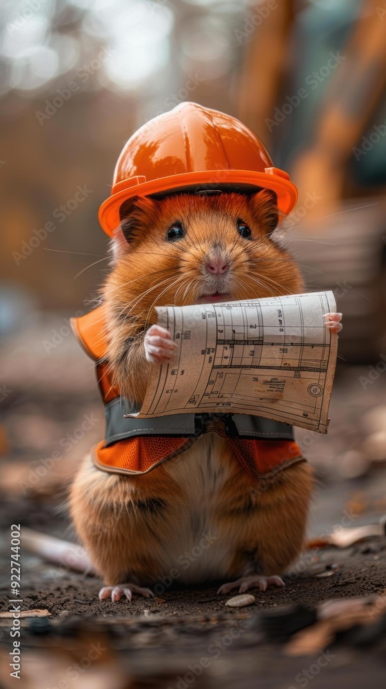 Wall mural a hamster wearing a hard hat and holding blueprints. ai.