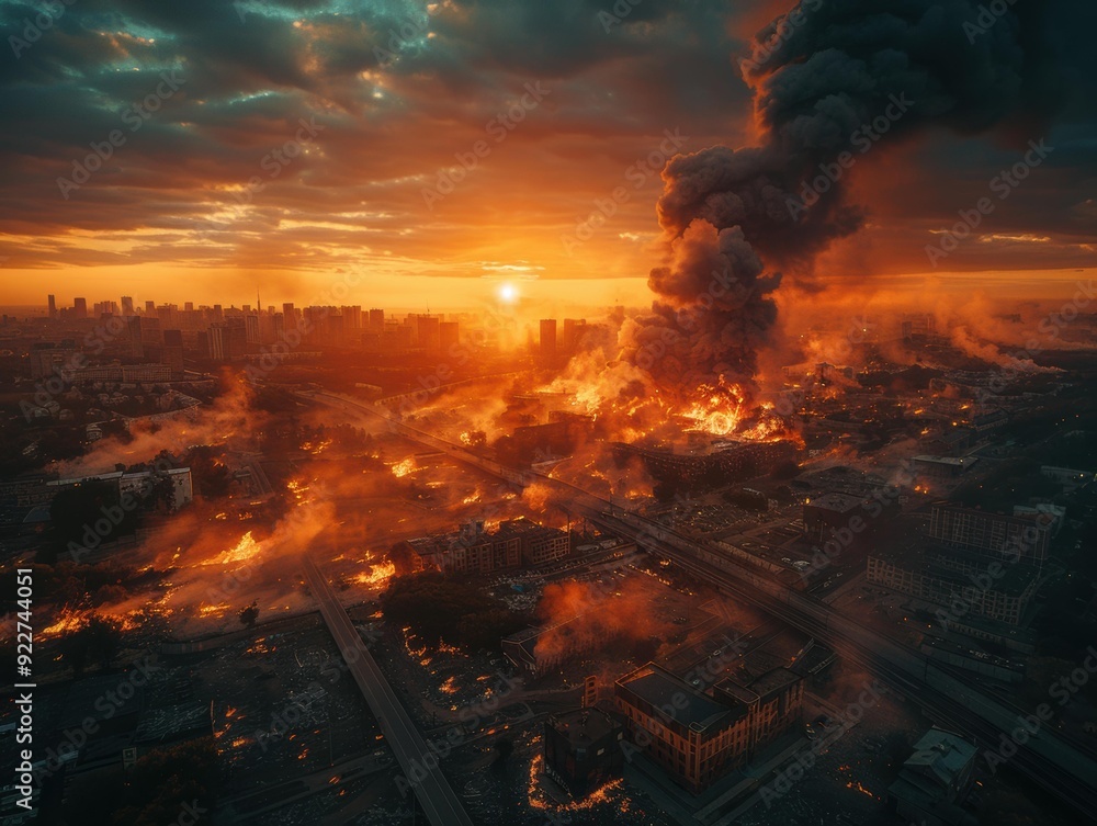 Canvas Prints A large fire engulfs a city at sunset. AI.