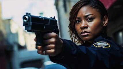 Police officer holding a gun tense moment