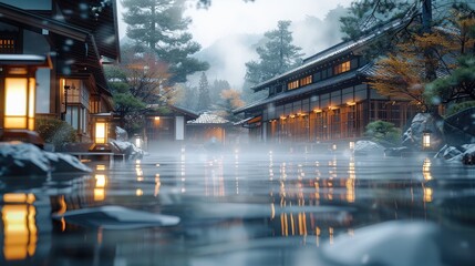 Fototapeta premium Japanese mountain Onsen. Generative AI.