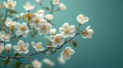 Cherry branches adorned with delicate blossoms, set against a minimalist background with copy space. A serene and elegant representation of spring natural beauty
