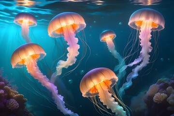 Fototapeta premium Jellyfish swimming in the ocean. 3D rendering. Underwater world.
