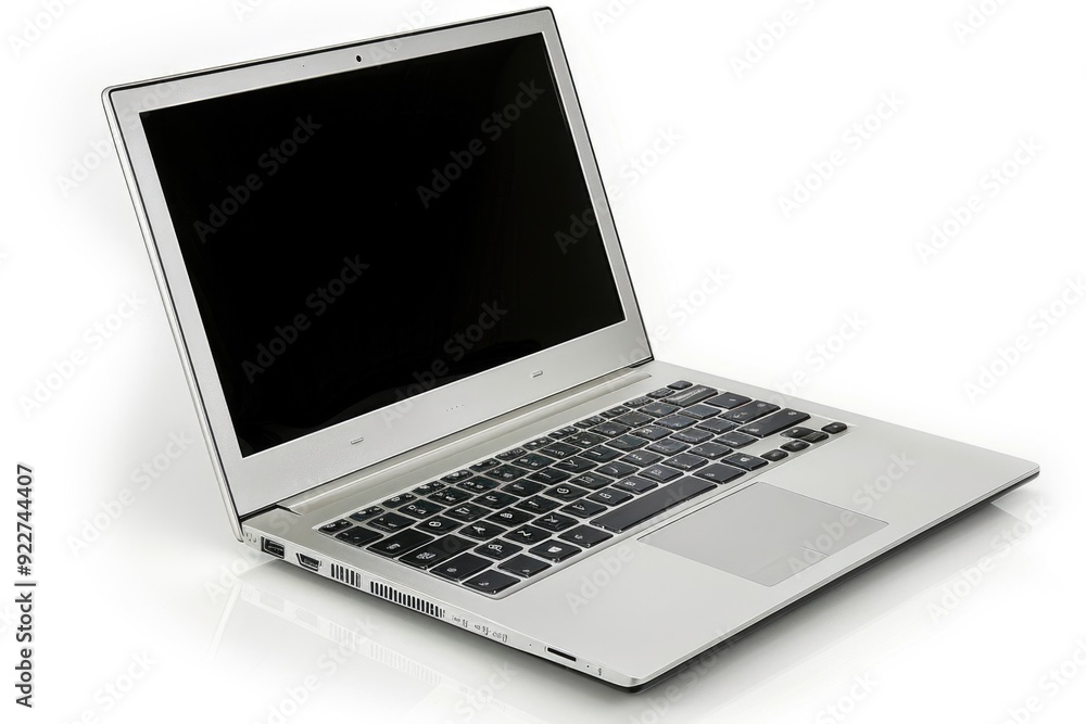 Poster a laptop computer sits on a clean and flat white surface, ready for use