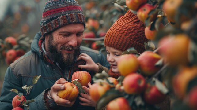 A father and son pick apples from a tree together. AI. - Powered by Adobe