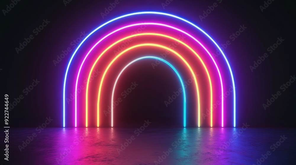 Poster a 3d rendering of neon light shapes in rainbow colors set against a black background, creating a str