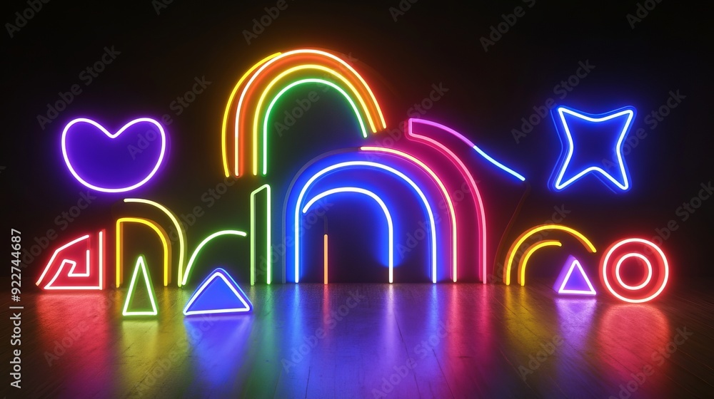 Poster a 3d rendering of neon light shapes in rainbow colors set against a black background, creating a str