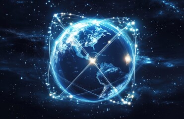 Obraz premium Digital illustration of Earth with glowing network lines in the outer space