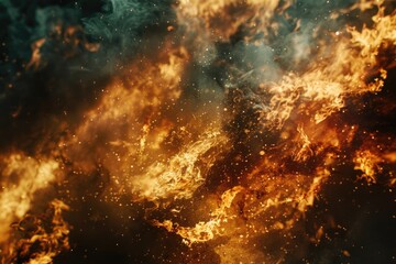 A massive fire burning bright in the darkness of night, with flames and smoke illuminated by nearby lights