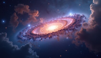 A mesmerizing view of a swirling galaxy amidst glowing stars and cosmic clouds.
