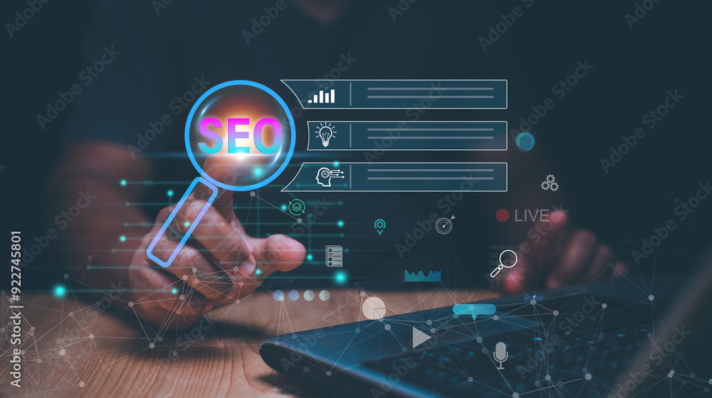 Poster Businessman using finger pointing to magnifier icon for search information on internet, Search Engine optimization (SEO) concept, Surfing the internet to finding information on web browser.