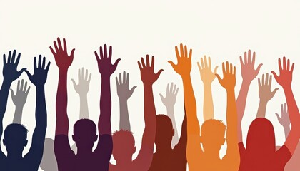 Silhouettes of diverse people raising their hands in unison, symbolizing unity and activism.