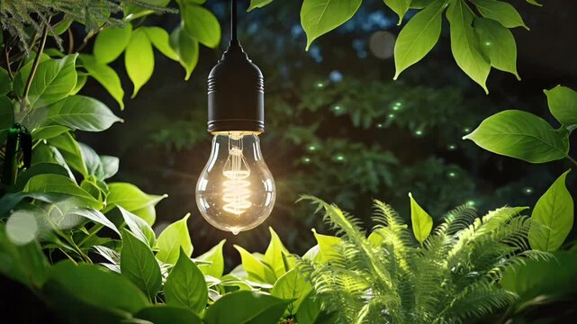 Seamless looping 4k time-lapse video background of a glowing light bulb hanging among lush green leaves symbolizing renewable energy. Eco-friendly nature concept. Seamless looping time-lapse video bac