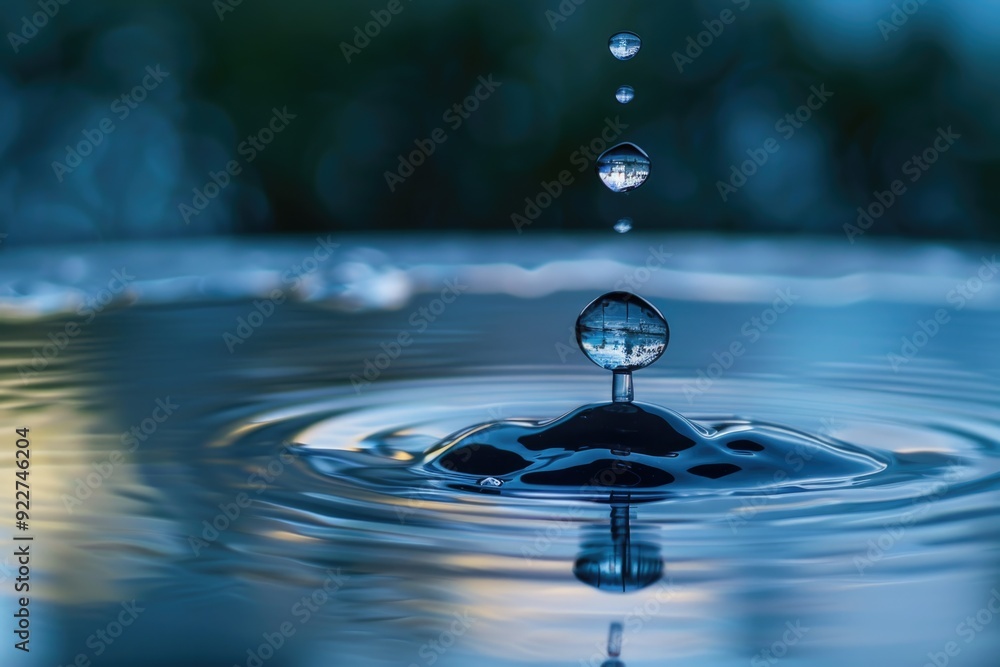 Poster a single water droplet falls into a calm pool, creating ripples and disturbance
