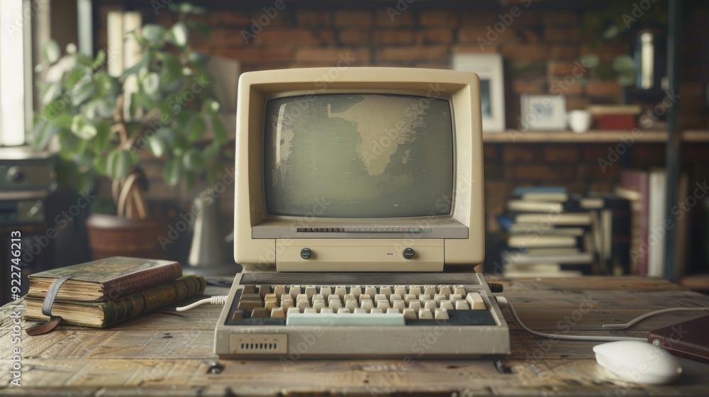Poster an old computer sitting on a wooden table