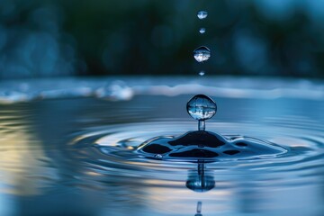 A single water droplet falls into a calm pool, creating ripples and disturbance