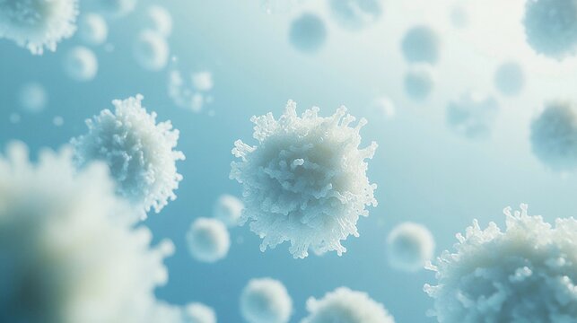 Close-Up View of White T Cells and B Cells Floating in the Body Against a Light Blue Background