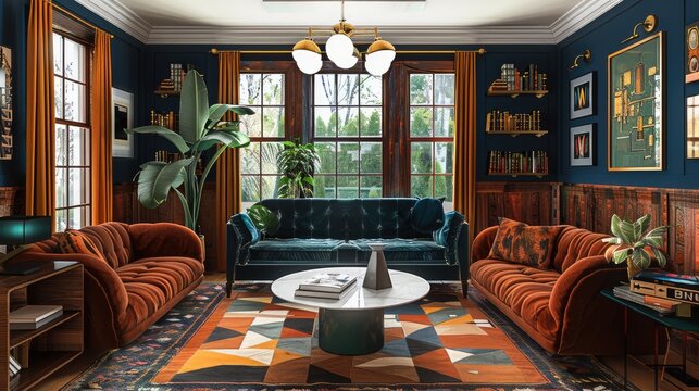 A living room featuring a mix of rich wood tones and bold colors. Include a tufted velvet sofa in a deep green or navy, retro-style armchairs, a geometric rug, and statement light fixture chandelier.