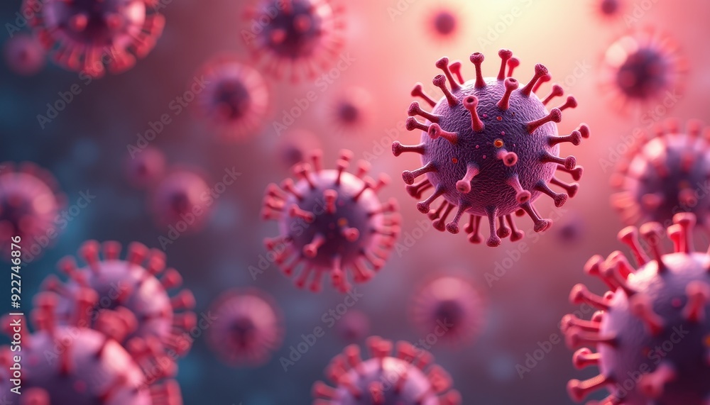 Poster close-up of 3d-rendered virus particles with red and purple spikes against a blurred background.