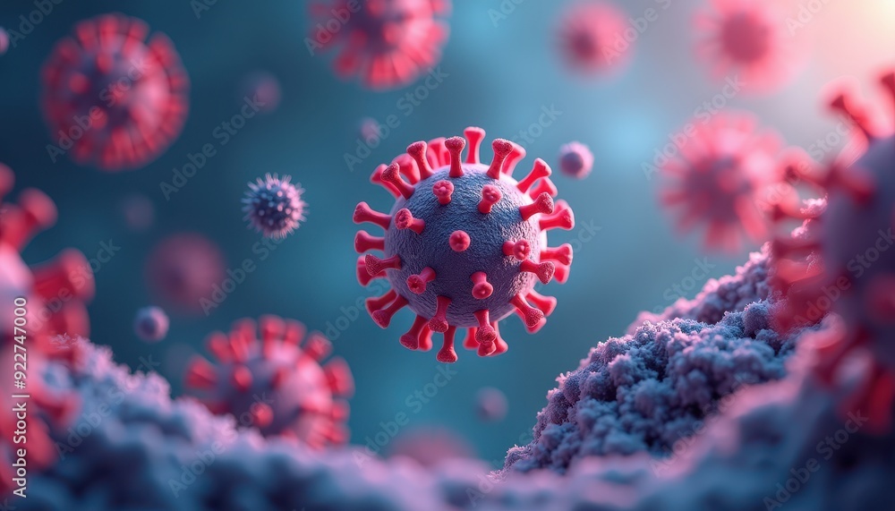 Poster close-up of a virus under a microscope, showcasing its detailed structure with a blue and red color 