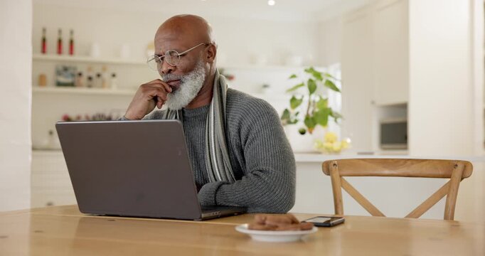 Freelancer, laptop and think for idea, work from home and mature man for job, working and email. Vision, serious and technology for strategy, planning or house in kitchen for job, remote or online