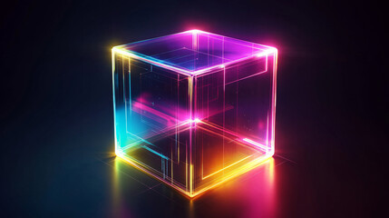 Obraz premium A futuristic glass cube reflecting different neon colors, floating in a dark background, creating a vibrant and modern visual effect.