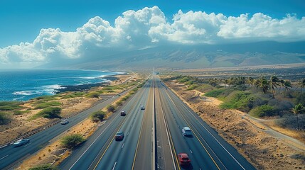 A longer straight highway with traffic in a landscape in the middle of an big Island. taken from an elevated position. Generative AI.